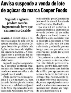 Imprensa - 06112013 - Anvisa suspende venda de lote de açúcar Cooper Foods