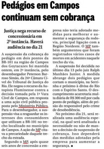 Imprensa - 17012014 - Pedágios em Campos continuam sem cobrança - O Globo