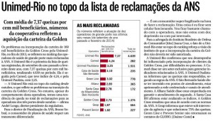 Imprensa - 19032014 - O Globo - Unimed-Rio no topo da lista de reclamações da ANS